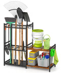 Heavy Duty Steel Garden Tool Rack With Two Tier Wooden Shelves And Six Hooks For Garage Organization Holds Up To Thirty Five Long Handled Yard Tools Durable Storage Solution To Keep Your Workshop Clutter Free, shown with yard tools and storage boxes