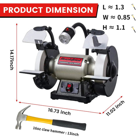 8 Inch Low Speed Bench Grinder With Three Quarter HP Induction Motor And 1750 RPM For Smooth Wobble Free Grinding And CBN Wheel Compatibility Beefy Woodworking Power Tool For Carpenters And Hobbyists, showing product dimensions.