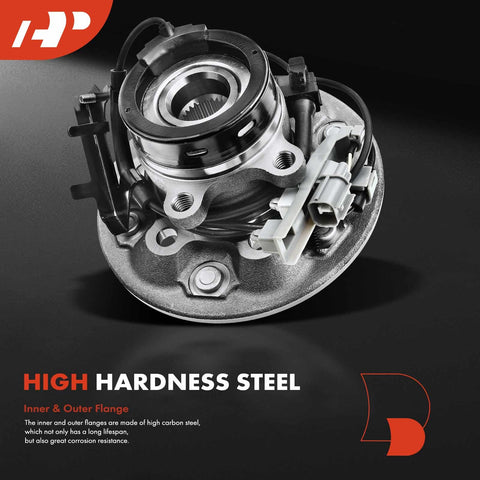 Front Right Wheel Bearing And Hub Assembly With ABS For Chevrolet Colorado 2004 2008 And GMC Canyon 2004 2008 Plus Isuzu i 350 2006 And i 370 2007 2008 4WD 6 Lug Compatible shown in close-up with high-carbon steel construction."}