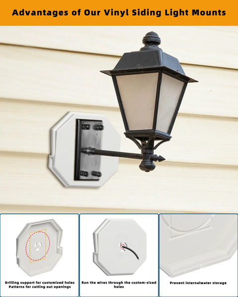 Vinyl Siding Mounting Block For Exterior Fixtures Like Lights Cameras Flags And Doorbells Easy Setup No Fuss Octagon Block With One Half Inch Lap Mount And Four Inch Height White One Pack Durable Mounting Plate For Siding Projects. Octagon white vinyl block mounted with exterior light