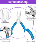 Detail of Needle Nose Pliers For Jewelry Making 4.5 Inch Precision Tool With Built In Tweezer And Tape Measure, rubber grip, steel material.
