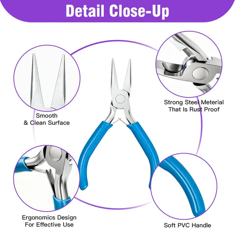 Detail of Needle Nose Pliers For Jewelry Making 4.5 Inch Precision Tool With Built In Tweezer And Tape Measure, rubber grip, steel material.