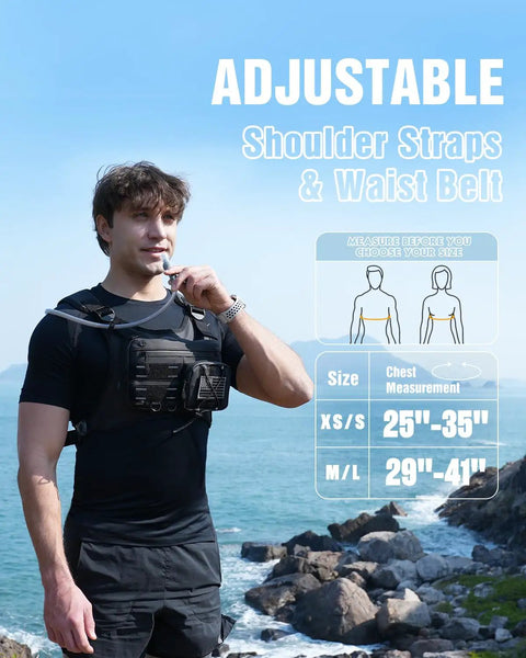 Man wearing Hydration Running Vest With 2L Bladder, Lightweight Chest Pack at scenic beach, adjustable straps detailed, Black M/L