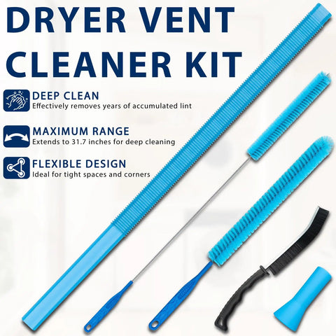 Image of All In One Dryer Vent Cleaning Kit with multiple blue flexible lint brushes and tools for universal compatibility.
