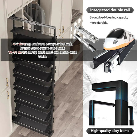 Heavy Duty Vertical Pull Out Shoe Rack With Slick Glide Sliding Trays For Hassle Free Casual Kick Keeper Setup And Clutter Free Closet Organized Smart Home Upgrade showing integrated double rail and adjustable trays.