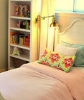 Bedroom with bed, colorful pillows, bookshelf, and Plug In Gold Swing Arm Wall Sconces Set Of Two Modern Brass Finish Wall Lamps With White Dome Shade.