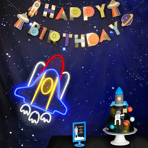 Rad Neon Rocket Sign LED Light For Bedroom Decor, Space Ship Theme Wall Lamp on birthday backdrop with cake