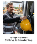 Man installing Hard Hat Headrest Hook Organizer for Truck Cab, holding yellow helmet next to durable seat back mount.