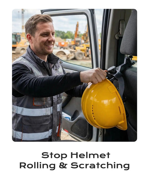 Man installing Hard Hat Headrest Hook Organizer for Truck Cab, holding yellow helmet next to durable seat back mount.
