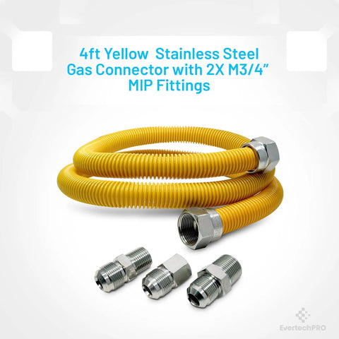Flexible Yellow Coated Four Foot Gas Line Kit With Five Eighths Inch OD To One Half Inch MIP And One Half Inch FIP Adapters Plus Three Quarter Inch MIP Fitting Stainless Steel Hose Connector For Gas Fireplace Stove And Water Heater Install with stainless steel fittings displayed.