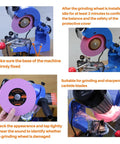 Tough As Nails Chainsaw Sharpener Grinding Wheel Featuring Hardcore Chrome Oxide Abrasive For Universal Saw Chain Sharpeners And High Speed Steel Blade Restoration At 5-3/4 Inch Diameter And 1/8 Inch Thickness mounted on a blue electric chainsaw sharpener.