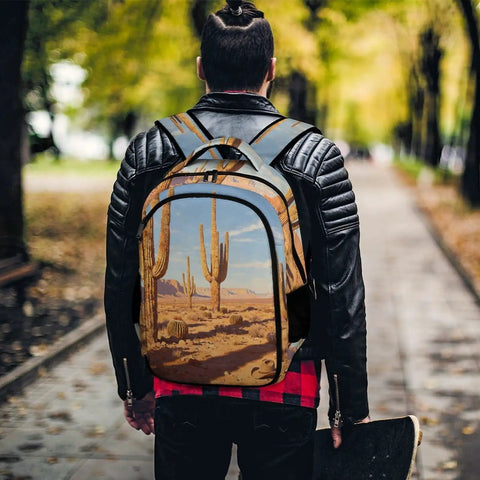 Western Cactus Print Unisex Backpack With Large Capacity Durable Polyester For Daily Use