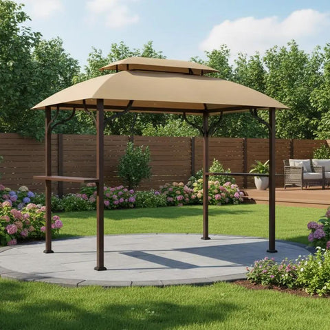 Reinforced RipLock 350 Replacement Canopy Top for Greenvail 8x5 Grill Gazebo Models A103001900 A103001911 installed in garden.
