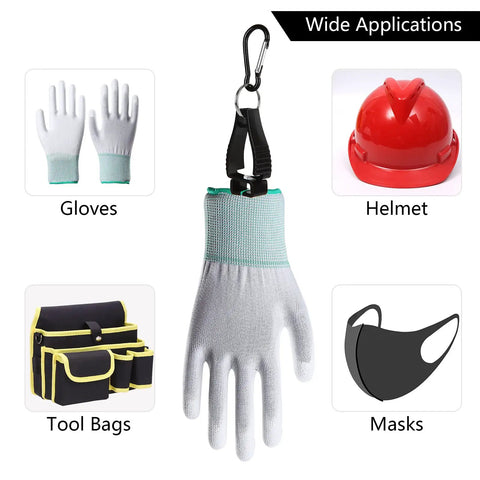 20 Pack Glove Clips For Belt Loops, Heavy Duty Glove Holder Clips with glove attached, for construction safety gear in black and orange