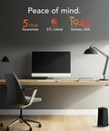 Rise 12H Personal Desk Heater For Small Rooms And Office on modern desk setup with chair and lamps, 12 inch tall, black.