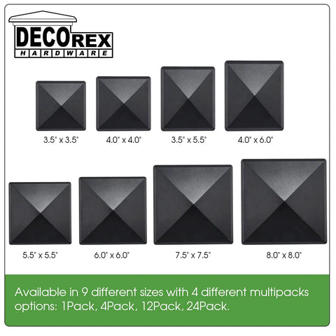 Seven black pyramid post caps in various sizes for outdoor wood posts, featuring a Built Tough Aluminum Pyramid Post Cap For True 3.5-Inch Wood Posts Weather Resistant Black Outdoor Deck And Fence Cover Heavy Duty Post Cap That Fits Real 3.5-Inch Posts.