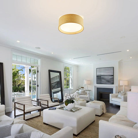 Modern 3 Light Flush Mount Ceiling Light With Fabric And Acrylic Double Drum Shade In Flaxen in a bright living room