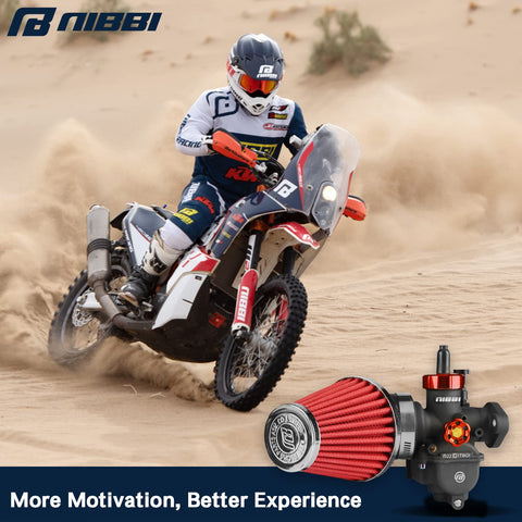 Motorbike in desert with PE22 Carburetor With 48mm Air Filter Kit For 125cc 130cc 140cc Dirt Bikes Pit Bikes Go Karts ATVs Mopeds And Scooters Fits TaoTao Apollo Lifan Kayo Honda SSR Predator212 in foreground