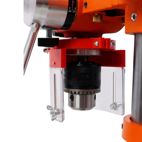 Close-up of the chuck and laser guide on the 10 Inch Benchtop Drill Press With 12 Variable Speeds Ranging From 380 To 3130 Rpm.
