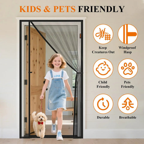 Girl and dog walking through Magnetic Screen Door For 32 By 80 Inch Openings, Reversible Left Or Right Install, Scratch Resistant Polyester.