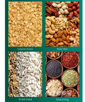 Game Changing Clear Cereal Dispenser For Countertop Kitchen Organization With Secure Lock Clip featuring oats, nuts, dried food, and seasonings.