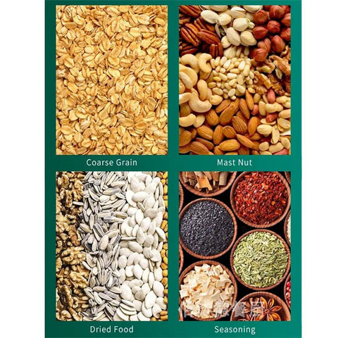 Game Changing Clear Cereal Dispenser For Countertop Kitchen Organization With Secure Lock Clip featuring oats, nuts, dried food, and seasonings.