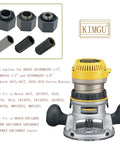 Router Collet Chuck And Nut Set With Reducer Sleeves for Bosch 1617 and DW618 routers, shown with components and compatible models.