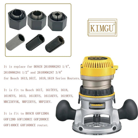 Router Collet Chuck And Nut Set With Reducer Sleeves for Bosch 1617 and DW618 routers, shown with components and compatible models.