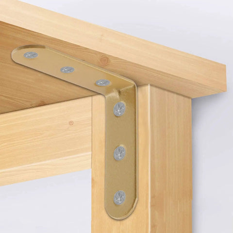 Heavy Duty L Bracket Corner Brace With Screws Rock Solid Right Angle Shelf Support For Furniture Repair And Woodworking No Sweat Assembly 8 Pack affixed to wooden shelf edge.