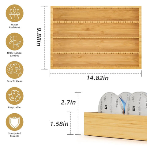 Dimensions of Bamboo Coffee Pod Drawer Organizer For Nespresso Vertuo Vertuoline Pods with size details
