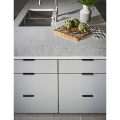 Kitchen drawers with Mercer Collection 4 Inch Europa Tab Cabinet Pull Flat Black Finish for 3 Inch Center to Center Installations