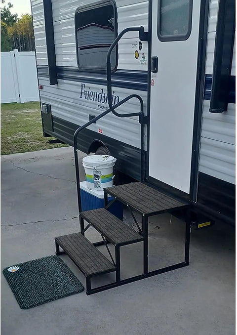 Heavy Duty Three Step RV Stair With Solid Handrail Steel Frame Rated For 600 LBS Load Capacity at RV entry.