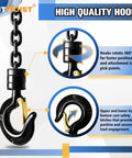 Close-up of 1 Ton Hand Chain Hoist with 20 Ft Chain in G80 manganese steel, showing dual heavy duty hooks and 360° rotating feature.