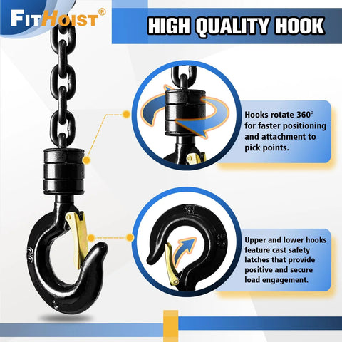 Close-up of 1 Ton Hand Chain Hoist with 20 Ft Chain in G80 manganese steel, showing dual heavy duty hooks and 360° rotating feature.