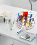 Clear 11 Inch Lazy Susan Organizer With Five Removable Bins on desk holding office supplies