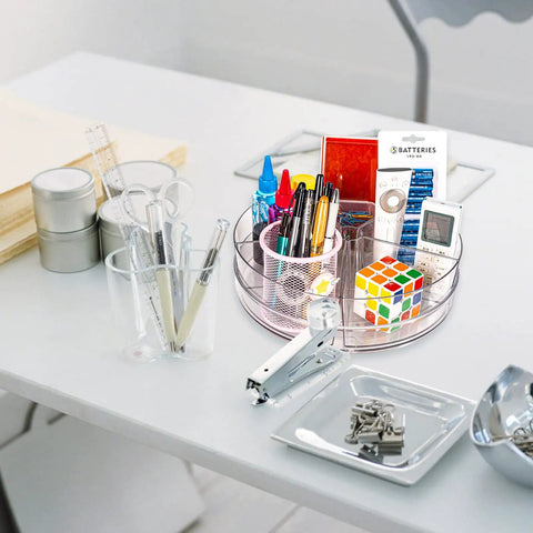 Clear 11 Inch Lazy Susan Organizer With Five Removable Bins on desk holding office supplies