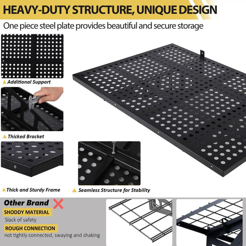 Heavy Duty Garage Wall Shelves 2 Pack 2x3 Ft Wall Mounted Storage Racks With Four Hooks Up To 560 Lbs Total Capacity design features