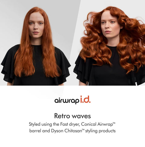 Woman showing before and after effects of Airwrap I.D. Multi Styler 6-In-1 Hair Tool With App Control And Bluetooth Connected No Heat Damage.