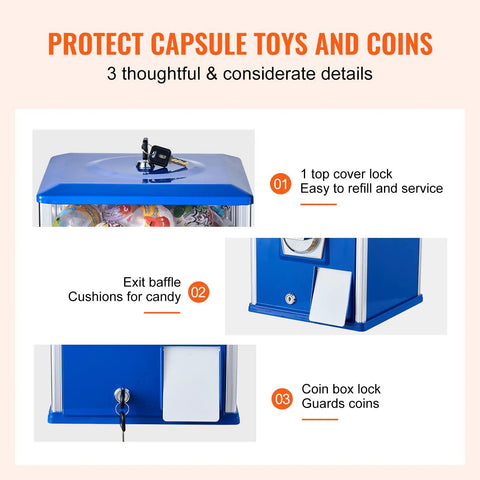 Heavy Duty Coin Operated Gumball Machine For Kids stands 25 inches with features like top cover lock, exit baffle, and coin box lock.