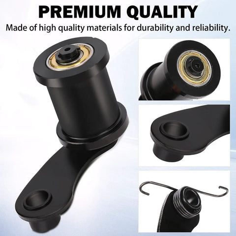 Heavy Duty Chain Tensioner With One And Three Quarter Inch Roller for mini bikes and powersports shown in various angles.