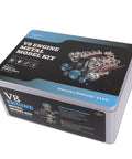 Packaging box for Hands On V8 Engine Model Kit That Actually Runs, featuring image of assembled engine with metal components.