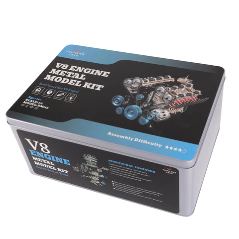Packaging box for Hands On V8 Engine Model Kit That Actually Runs, featuring image of assembled engine with metal components.