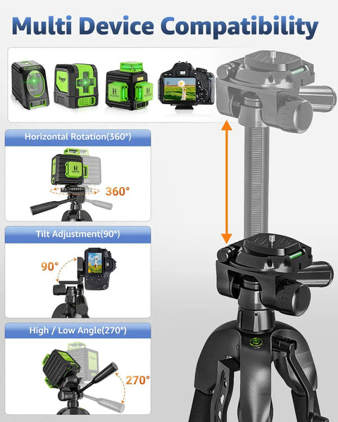 Ultimate Laser Level Tripod With 56 Inch Extendable Height For Line And Point Lasers One Quarter Inch And Five Eighth Inch Thread Mount Quick Release Plate Multi Function Hook Non Skid Feet Ideal For Laser Distance Measures And Cameras TPD14, tripod head views