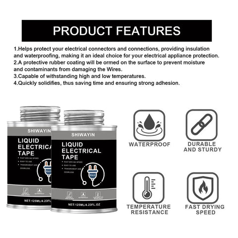 Black Liquid Electrical Tape 2 Pack: Waterproof Insulation Coating For Wires product features highlighted on packaging.