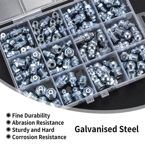 Galvanized steel grease fittings kit, 90 pieces (M6/M8/M10) organized in a plastic storage box