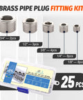 Stainless Steel Pipe Plug Fittings Assortment Kit With Five Sizes One Eighth Inch One Quarter Inch Three Eighths Inch One Half Inch And Three Quarters Inch Twenty Five Pieces NPT Male Internal Hex Thread Socket Plugs For DIYers shown in box