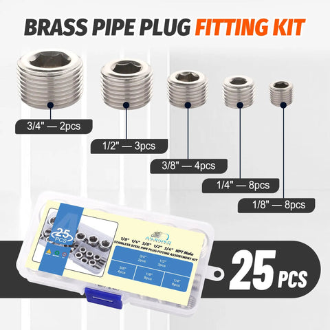 Stainless Steel Pipe Plug Fittings Assortment Kit With Five Sizes One Eighth Inch One Quarter Inch Three Eighths Inch One Half Inch And Three Quarters Inch Twenty Five Pieces NPT Male Internal Hex Thread Socket Plugs For DIYers shown in box