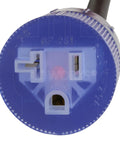 Close-up of lighted NEMA 5-20R plug on Built Tough Heavy Duty 50Ft Extension Cord For Indoor Outdoor Use, UL Listed