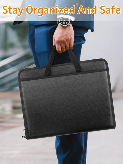 Person holding the Beefed Up Fireproof Document Organizer Folio With 13 Pockets Zippered Accordion File Box for home office travel.