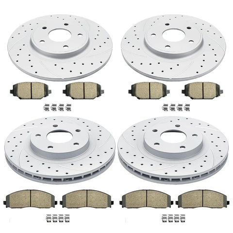Beefed Up Drilled And Slotted Brake Kit Replacement For Chrysler Town And Country Dodge Grand Caravan Journey Ram CV Front 12.99 Inch Rotors Rear 12.91 Inch Rotors With Ceramic Brake Pads And Dual Piston Caliper, showing complete set with front and rear rotors and pads.